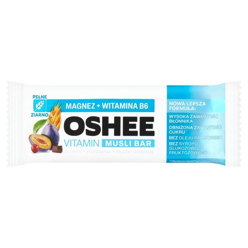 Baton musli OSHEE z witaminami, pełnym ziarnem, śliwką, żurawiną i owsem. Bez oleju palmowego i syropu glukozowo-fruktozowego. Bogaty w błonnik, z obniżoną zawartością cukru.