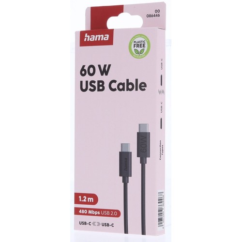Kabel USB Hama 60W, 1.2 m, USB-C do USB-C. Prędkość 480 Mbps USB 2.0. Opakowanie bez plastiku.