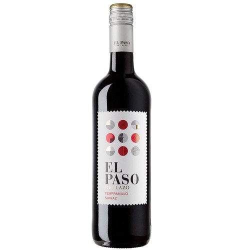 Butelka czerwonego wina El Paso de Lazo Tempranillo Shiraz. Na białej etykiecie znajduje się wzór z dziewięciu kółek w układzie 3x3, w kolorach czerwonym i szarym. Butelka ma srebrną zakrętkę.