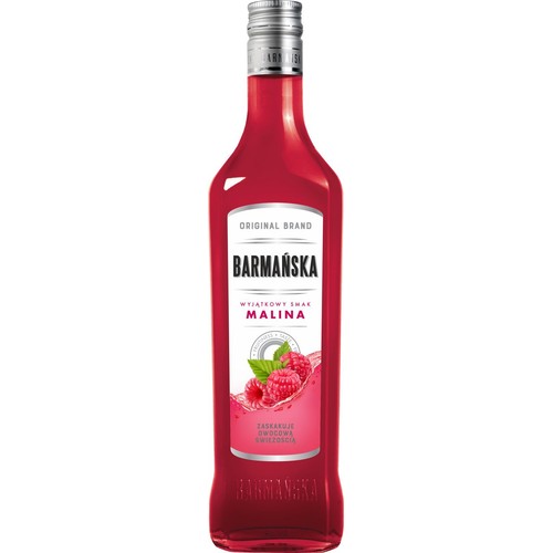 Butelka napoju Barmańska Malina. Na etykiecie nazwa produktu i grafika malin.
