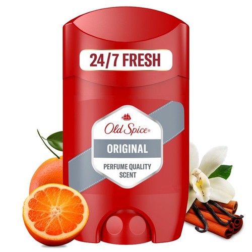 Sztyft Old Spice Original, czerwony, z etykietą "24/7 FRESH". Obok grafiki pomarańczy i wanilii.