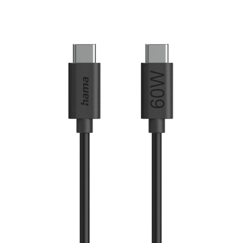 Para czarnych kabli USB-C. Jeden kabel z logo Hama, drugi z oznaczeniem mocy 60W. Oba mają srebrne złącza.