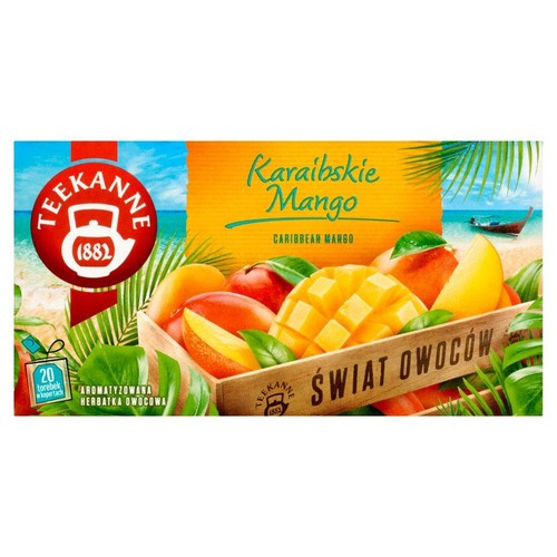 Herbata owocowa Teekanne Karaibskie Mango, 20 torebek. Design z tropikalną plażą i świeżymi owocami mango w skrzynce.
