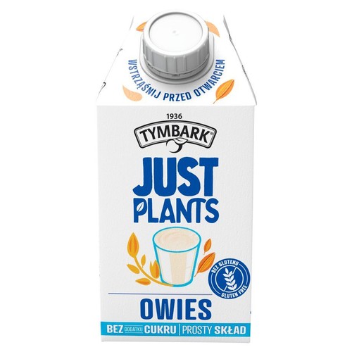 Biały karton napoju Tymbark Just Plants Owies z białą zakrętką. Na etykiecie grafika szklanki z napojem owsianym i kłosami. Produkt bez dodatku cukru, prosty skład, bez glutenu. Instrukcja: Wstrząśnij przed otwarciem.