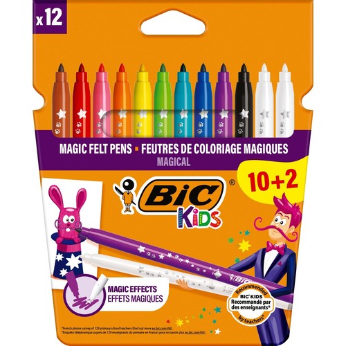 Opakowanie 12 magicznych flamastrów BIC Kids (10 kolorowych, 2 białe do efektów). Flamastry zmieniają kolory. Opakowanie pomarańczowo-fioletowe z ilustracjami królika i magika. Polecane przez nauczycieli.