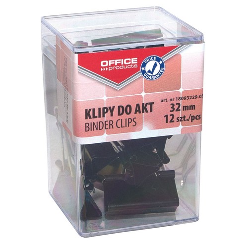 Czarne klipsy do akt Office Products o rozmiarze 32 mm, pakowane po 12 sztuk w przezroczystym, kwadratowym pudełku. Na etykiecie widnieje logo Office Products i informacja "Gwarancja Ceny".