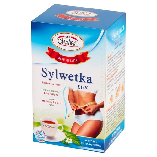 Malwa Sylwetka LUX, suplement diety z L-karnityną i herbatą Pu-erh. Opakowanie z grafiką kobiety i filiżanki.