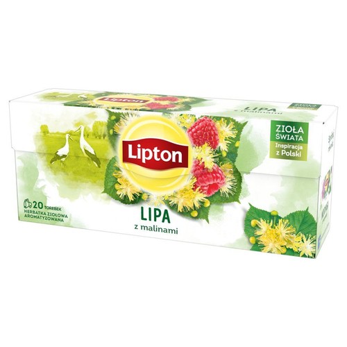 Herbata ziołowa Lipton Lipa z malinami w białym kartonowym opakowaniu. Zawiera 20 aromatyzowanych torebek.