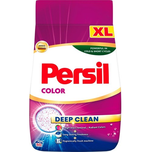 Opakowanie proszku Persil Color Deep Clean, 50 prań. Zapewnia głębokie czyszczenie, promienny kolor i świeżość.