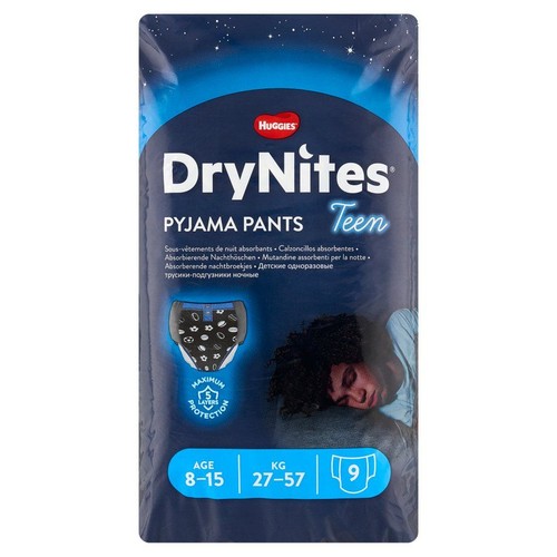 Opakowanie pieluchomajtek HUGGIES DryNites Pyjama Pants dla chłopców, wiek 8-15 lat, waga 27-57 kg, 9 sztuk. Niebieskie tło z gwiazdami.