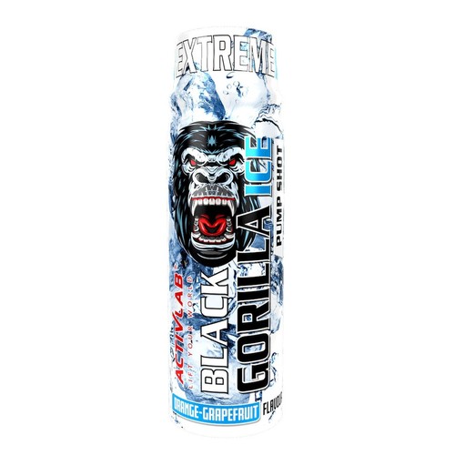 Activlab Black Gorilla Ice Pump Shot o smaku pomarańczy i grejpfruta. Biała butelka z etykietą przedstawiającą czarną głowę goryla z otwartą paszczą na tle niebieskiego lodu. Na górze napis "EXTREME".