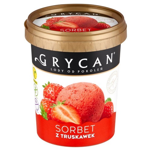 Pojemnik sorbetu Grycan z truskawek. Opakowanie ma czarną górę z napisem "Grycan Lody od pokoleń" i czerwoną podstawę z napisem "Sorbet z Truskawek". Na etykiecie grafika kulek sorbetu i świeżych truskawek. Złota pokrywka. Widoczne logo wegańskie.