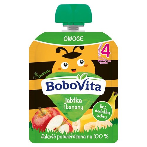 Saszetka BoboVita Owoce Jabłka i banany, dla dzieci po 4 miesiącu. Na opakowaniu grafiki owoców i pszczoły.