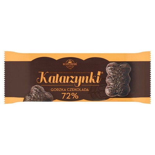 Pierniki Katarzynki Kopernik w 72% gorzkiej czekoladzie. Brązowe opakowanie z pomarańczowymi brzegami.