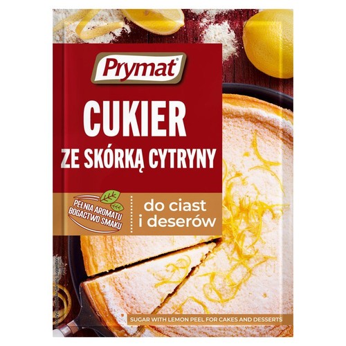 Produkt Prymat: cukier ze skórką cytryny do wypieków. Na opakowaniu grafika ciasta z cytrynową posypką.