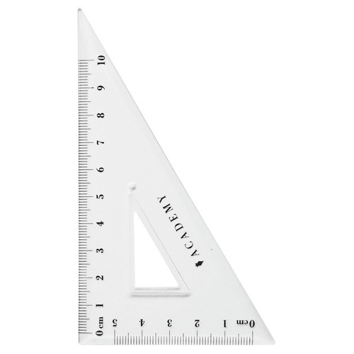 Przezroczysta ekierka marki Academy. Posiada podziałkę centymetrową na dwóch prostopadłych bokach, mierzącą do 10 cm i do 5 cm. W środku znajduje się trójkątne wycięcie. Idealna do rysowania i mierzenia.