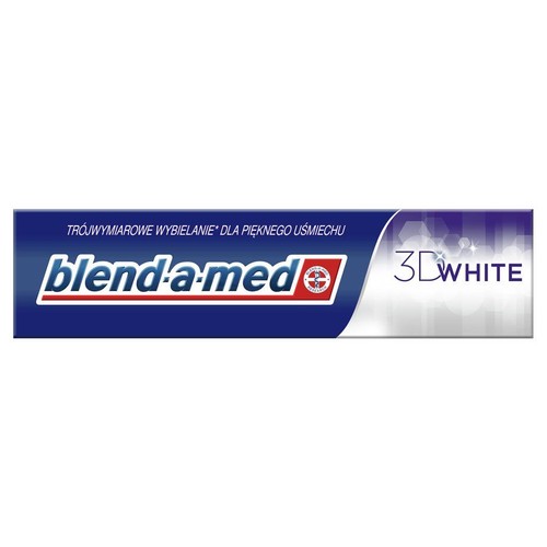 Produkt Blend-a-med 3D White. Opakowanie pasty do zębów z napisem "3D WHITE" i logo marki.