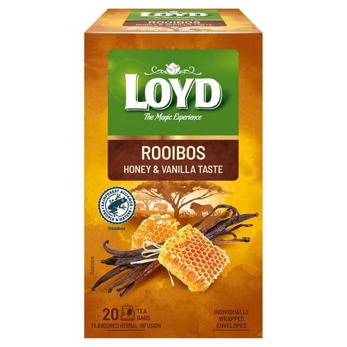 Herbata Loyd Rooibos z miodem i wanilią, 20 torebek. Opakowanie z ilustracją plastra miodu i lasek wanilii.