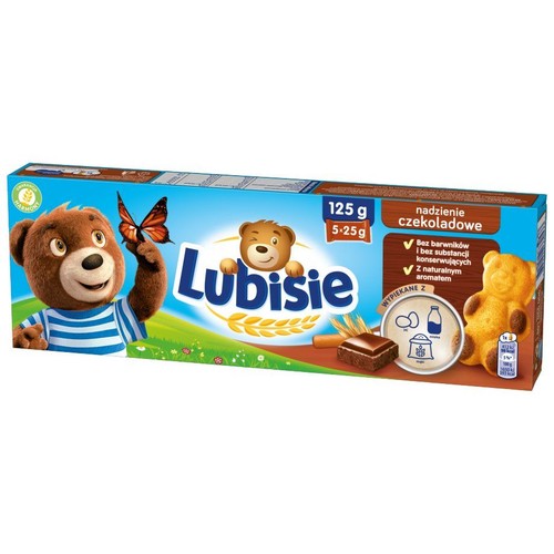 Opakowanie ciastek Lubisie z czekoladowym nadzieniem, 125 g. Bez barwników i konserwantów. Na pudełku miś i ciastka.