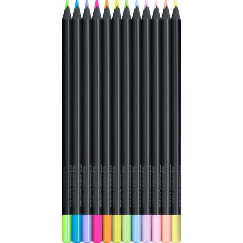 Dwanaście kredek Faber-Castell ułożonych pionowo. Mają czarne obudowy i widoczne kolorowe wkłady na zaostrzonych końcówkach oraz na spodach. Paleta barw obejmuje odcienie zieleni, błękitu, fioletu, różu, pomarańczy i żółci.