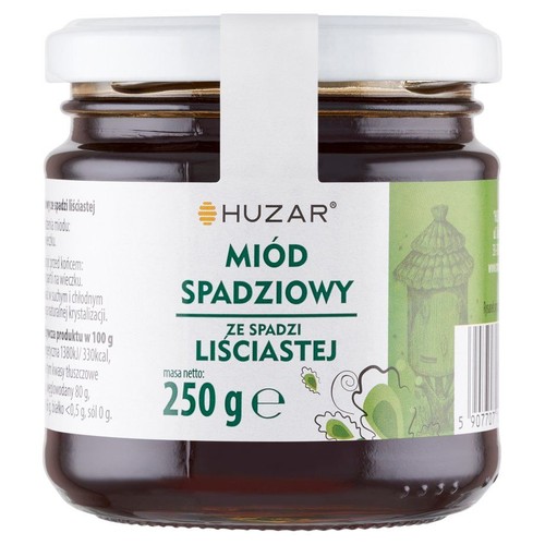 Miód spadziowy Huzar w szklanym słoiku z białą zakrętką. Masa netto 250 g. Etykieta z zielonymi akcentami.