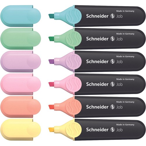 Zestaw sześciu zakreślaczy Schneider Job w pastelowych kolorach, wyprodukowanych w Niemczech. Widoczne skuwki i końcówki.