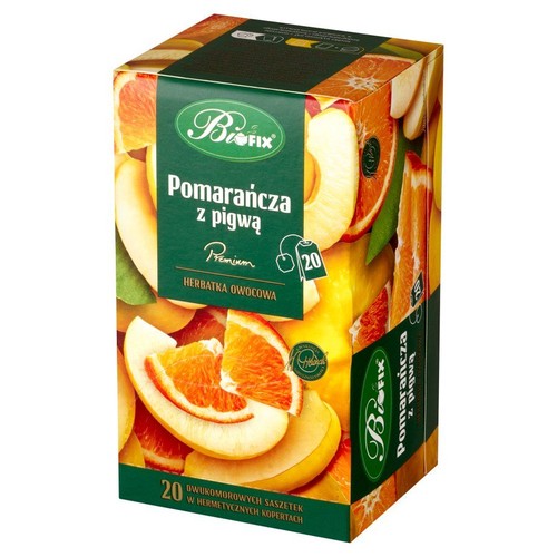 Opakowanie herbaty owocowej BioFix Premium Pomarańcza z pigwą. W środku 20 saszetek w hermetycznych kopertach.