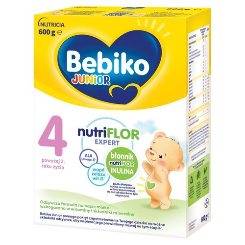 Opakowanie Bebiko Junior 4, 600g. Mleko modyfikowane dla dzieci od 2. roku życia, z nutriFLOR EXPERT, błonnikiem i witaminami.