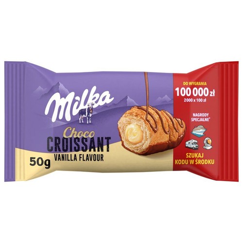 Fioletowe opakowanie Milka Choco Croissant o smaku waniliowym, 50g. Na opakowaniu grafika przekrojonego rogalika z nadzieniem.