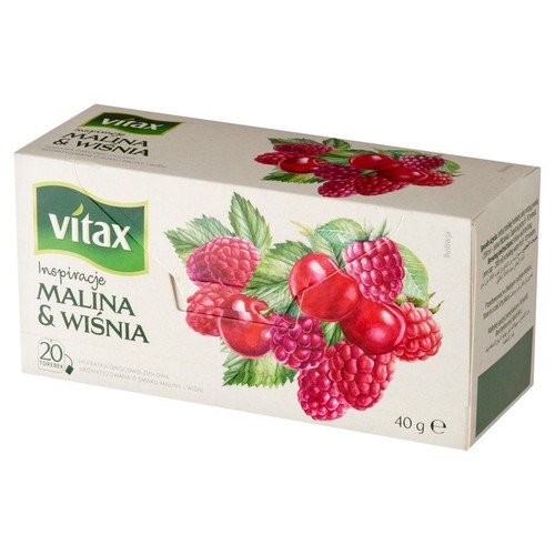 Opakowanie herbaty Vitax Malina & Wiśnia, 20 torebek. Na pudełku grafika malin i wiśni.