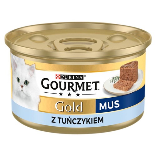 Złota puszka karmy dla kota Purina Gourmet Gold Mus z tuńczykiem. Na etykiecie biały kot i porcja musu.