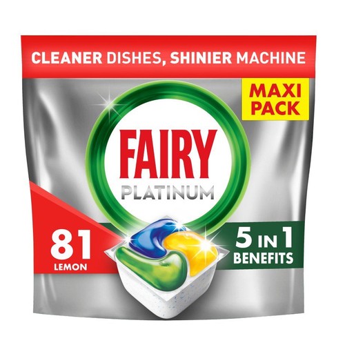 Opakowanie Fairy Platinum Lemon, 81 kapsułek do zmywarki. Oferuje 5 korzyści w 1.