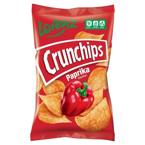 Opakowanie chipsów Lorenz Crunchips Paprika. Czerwona paczka z grafiką papryki i chipsów.