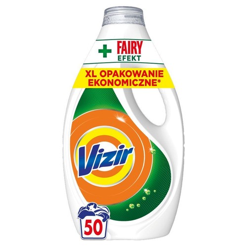 Płyn do prania Vizir z efektem Fairy, 50 prań. Biała butelka z zielono-pomarańczową etykietą.