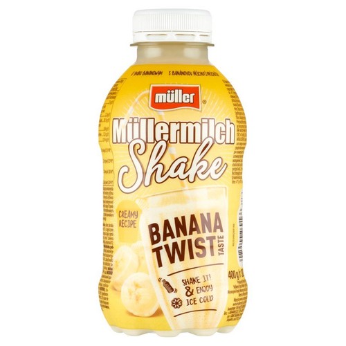 Butelka Müller Müllermilch Shake o smaku Banana Twist, 400g. Etykieta z napisem "Kremowa receptura".