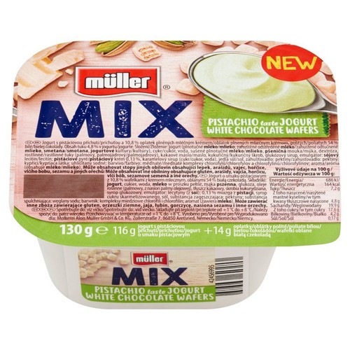 Müller Mix jogurt o smaku pistacjowym z wafelkami w białej czekoladzie. Opakowanie 130g jogurtu i 14g wafelków. Nowość.