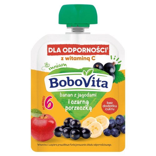 Mus BoboVita z bananem, jagodami i czarną porzeczką. Dla dzieci od 6 miesiąca. Z witaminą C, bez dodatku cukru.