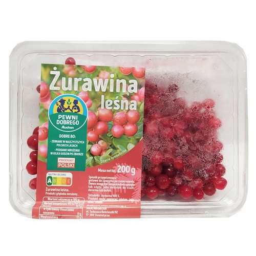 Mrożona żurawina leśna Pewni Dobrego Auchan w przezroczystym opakowaniu. Produkt Polski, masa netto 200g.