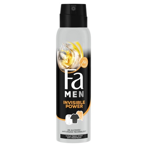 Antyperspirant w sprayu Fa Men Invisible Power, 150 ml. Szaro-czarna puszka z napisem Fa Men i ikonami koszulek.