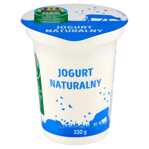 Jogurt naturalny w białym kubku z niebieską etykietą. Widoczna waga 330 g i logo "Pewni Dobrego Auchan".