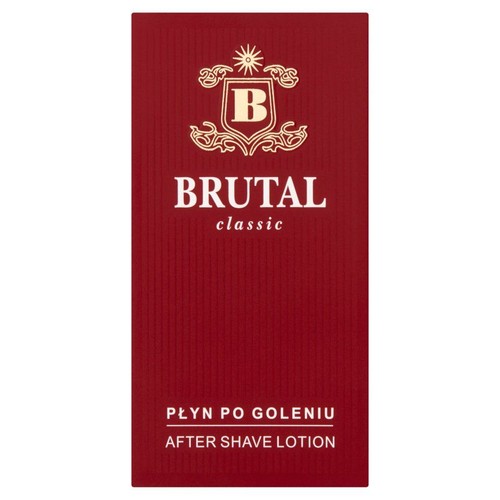 Płyn po goleniu Brutal Classic w eleganckim, czerwonym kartoniku ze złotymi detalami.