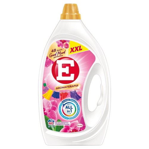 Płyn do prania E Aromaterapia XXL, 60 prań, do kolorowych i ciemnych tkanin. Biała butelka z różową etykietą.
