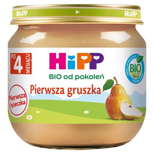 Słoiczek HiPP "Pierwsza gruszka" dla niemowląt po 4 miesiącu. Na etykiecie grafika gruszki i napis "BIO od pokoleń".