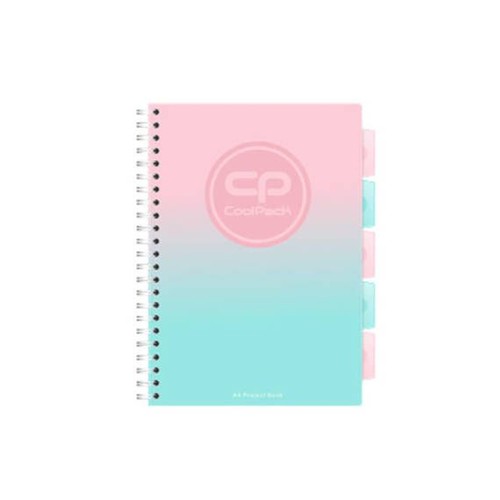 Notatnik spiralny marki CoolPack w formacie A4. Okładka prezentuje płynne przejście kolorów od jasnego różu u góry do turkusu u dołu. Posiada białą, metalową spiralę oraz cztery boczne przekładki w odcieniach różu i turkusu.