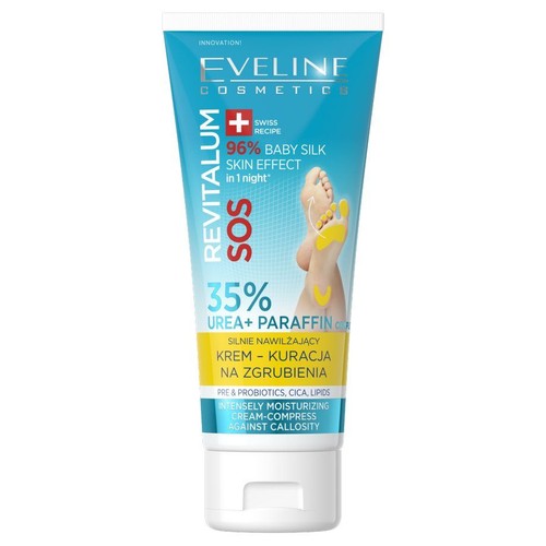 Eveline Cosmetics Revitalum SOS, intensywnie nawilżający krem-kuracja na zgrubienia. Zawiera 35% mocznika i parafiny. Szwajcarska receptura zapewnia efekt jedwabistej skóry w 1 noc. Opakowanie z grafiką stóp.