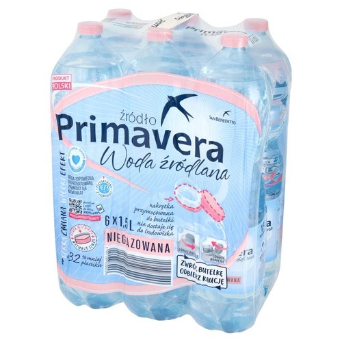 Zgrzewka 6 butelek wody źródlanej Primavera niegazowanej, każda po 1.5 litra. Produkt Polski. Opakowanie z 32% mniej plastiku i nakrętką przymocowaną do butelki. Możliwość zwrotu butelek za kaucją.