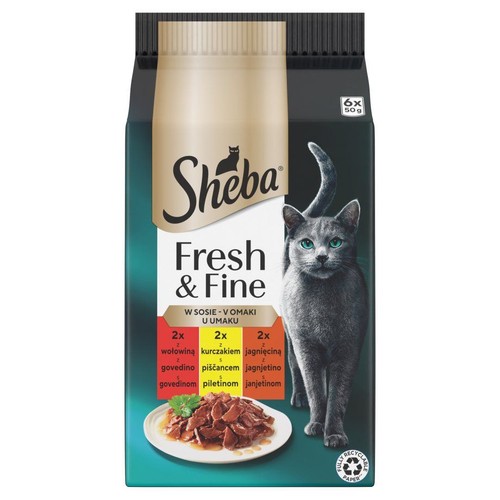 Karma mokra dla kotów w sosie z wołowiną, kurczakiem i jagnięciną Sheba 6 x 50 g