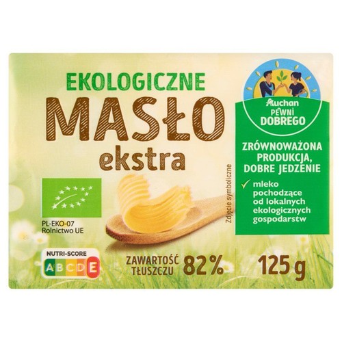 Masło ekologiczne ekstra, 82% zawartości tłuszczu. Na opakowaniu symboliczne masło na łyżce.