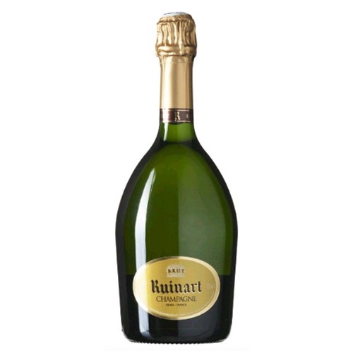 Butelka szampana Ruinart Brut o standardowej pojemności, wykonana z ciemnozielonego szkła. Posiada złotą etykietę z czarnym napisem "Ruinart Champagne" i "Brut". Złota folia zakrywa korek i szyjkę.