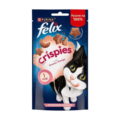Granatowa torebka Felix Crispies 45g, smakołyki dla kota o smaku łososia i pstrąga. Z wizerunkiem kota Felixa.